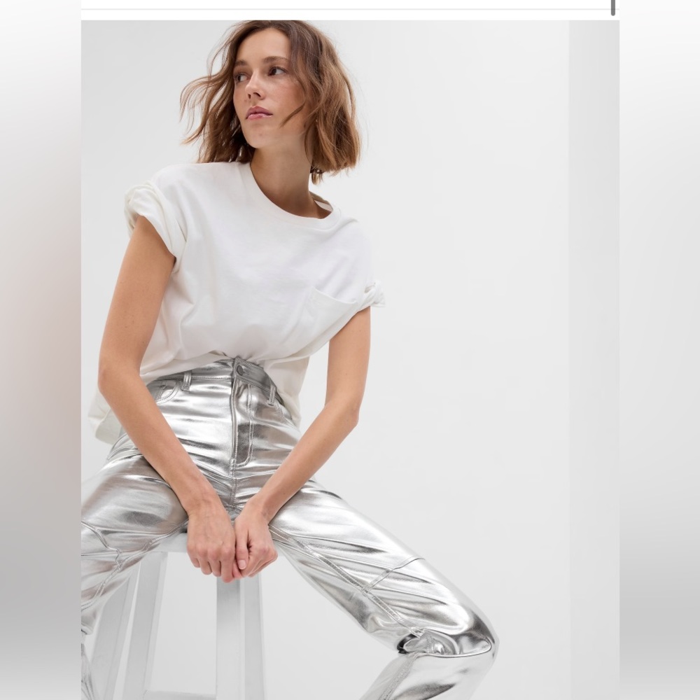 High Rise Faux-Leather Silver Metallic Cheeky Straight Jeans